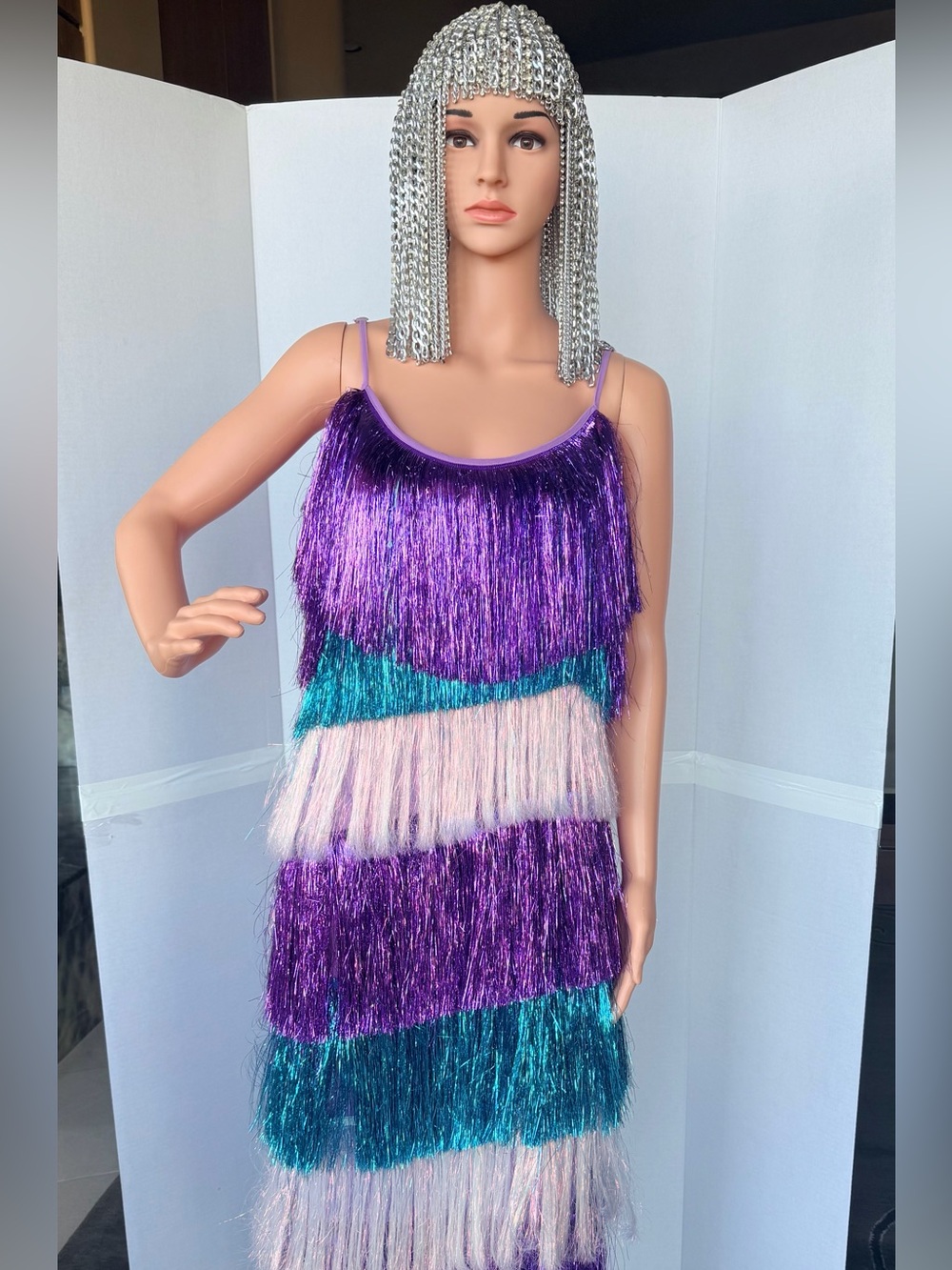 Glamorous Purple, Teal & Light Pink Fringe Tiered Mini Dress